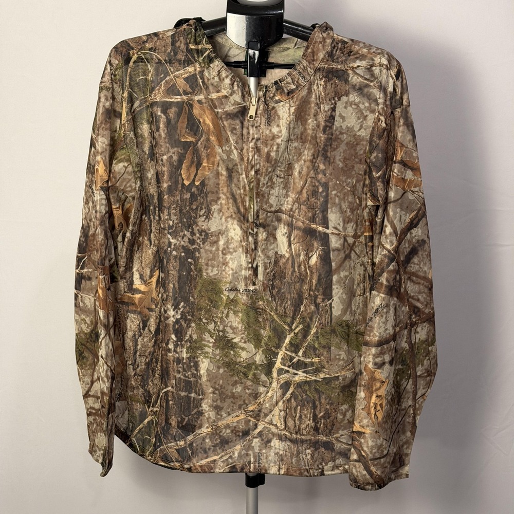 Cabela's Zonz Woodlands Windbreaker Jacket Mens Large Camo‎ Hooded 1/4 Zip Mesh